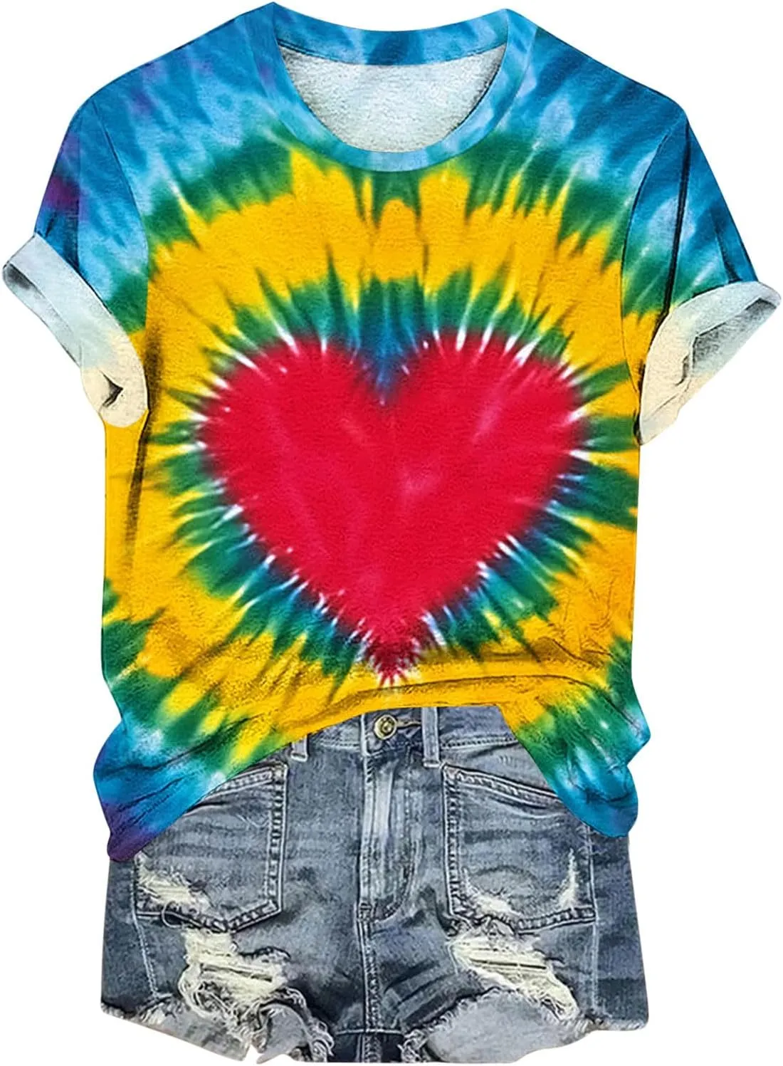 Womens Teen Girls Tie Dye T-Shirt Plus Size Short Sleeve Summer Tops Rainbow Casual Loose Fite Cute Out Tees Tshirt