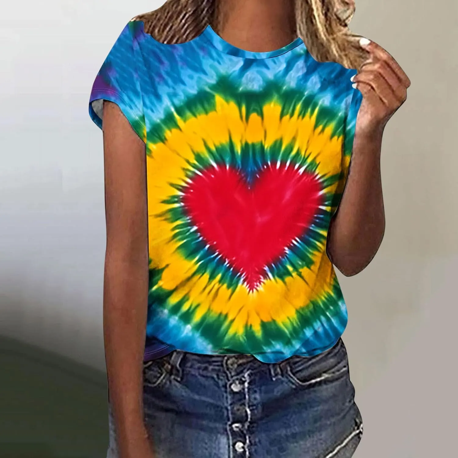 Womens Teen Girls Tie Dye T-Shirt Plus Size Short Sleeve Summer Tops Rainbow Casual Loose Fite Cute Out Tees Tshirt