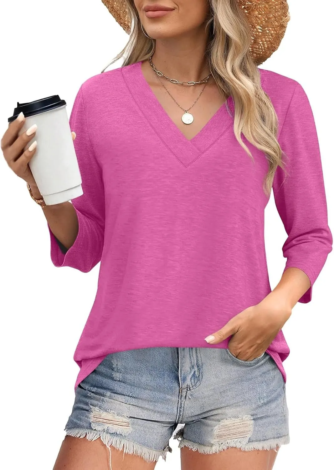 Womens Tops Dressy Casual 3/4 Sleeve Shirts V Neck Trendy Tshirts Comfy Work Blouses Loose Fit Tunics Basic Tees