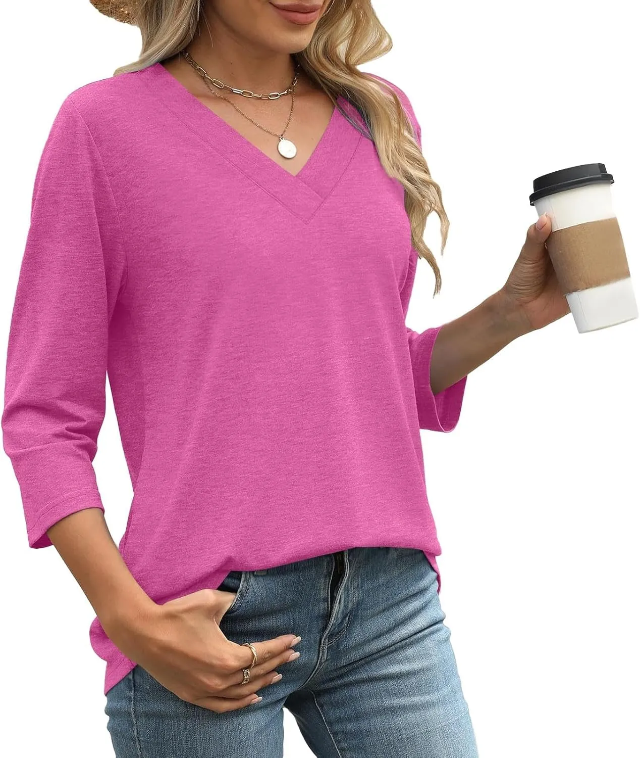 Womens Tops Dressy Casual 3/4 Sleeve Shirts V Neck Trendy Tshirts Comfy Work Blouses Loose Fit Tunics Basic Tees