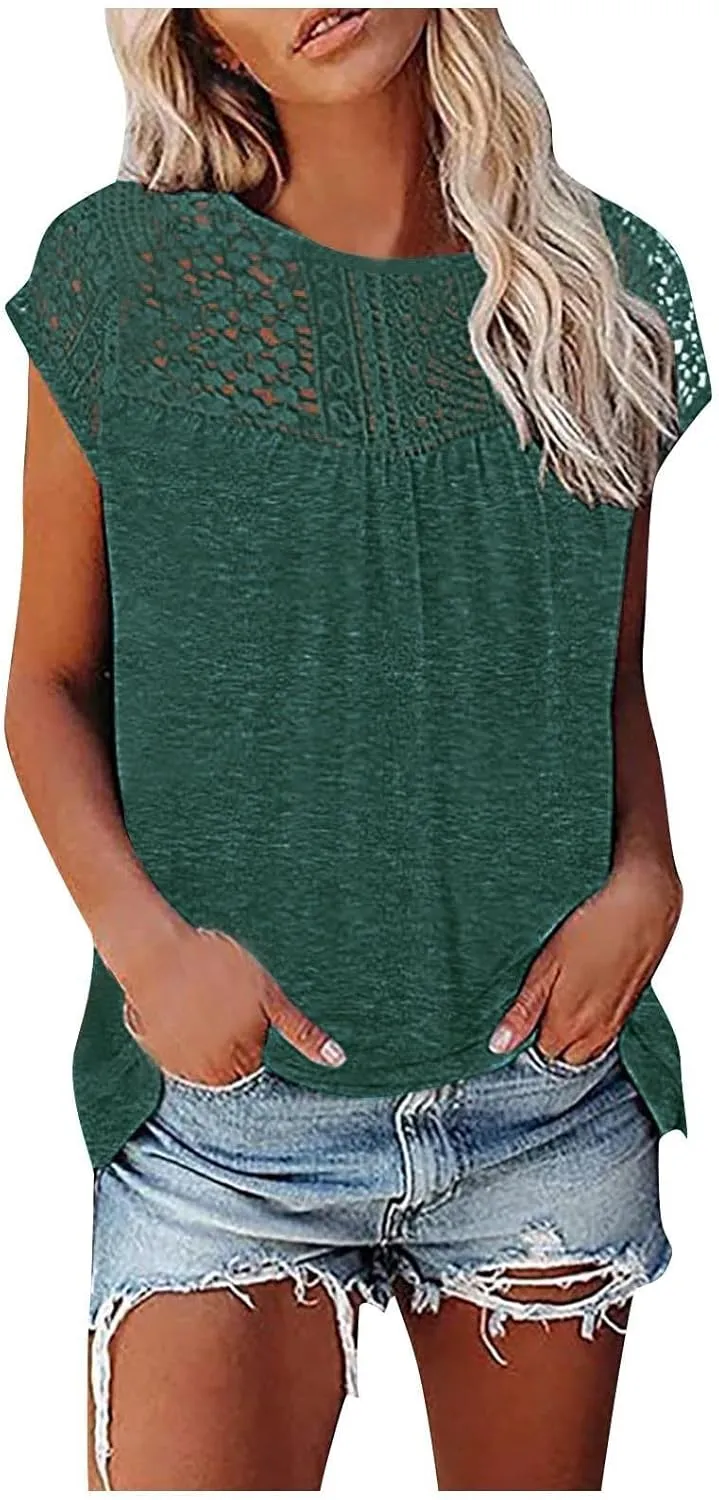Womens Tops Womens Cap Sleeve Summer Tops Trendy Tank Tops Lace V Neck Loose Fit Shirts