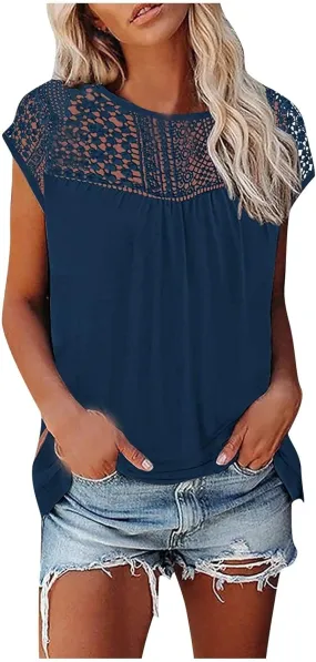 Womens Tops Womens Cap Sleeve Summer Tops Trendy Tank Tops Lace V Neck Loose Fit Shirts