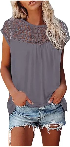 Womens Tops Womens Cap Sleeve Summer Tops Trendy Tank Tops Lace V Neck Loose Fit Shirts