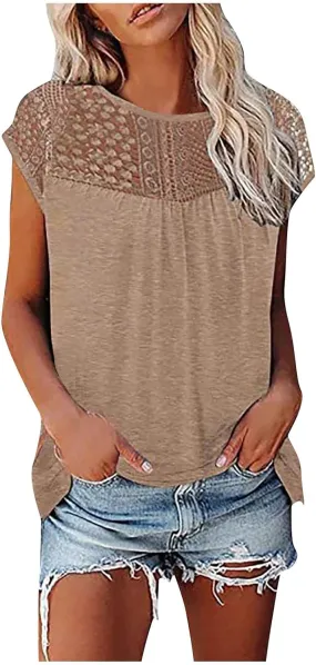 Womens Tops Womens Cap Sleeve Summer Tops Trendy Tank Tops Lace V Neck Loose Fit Shirts