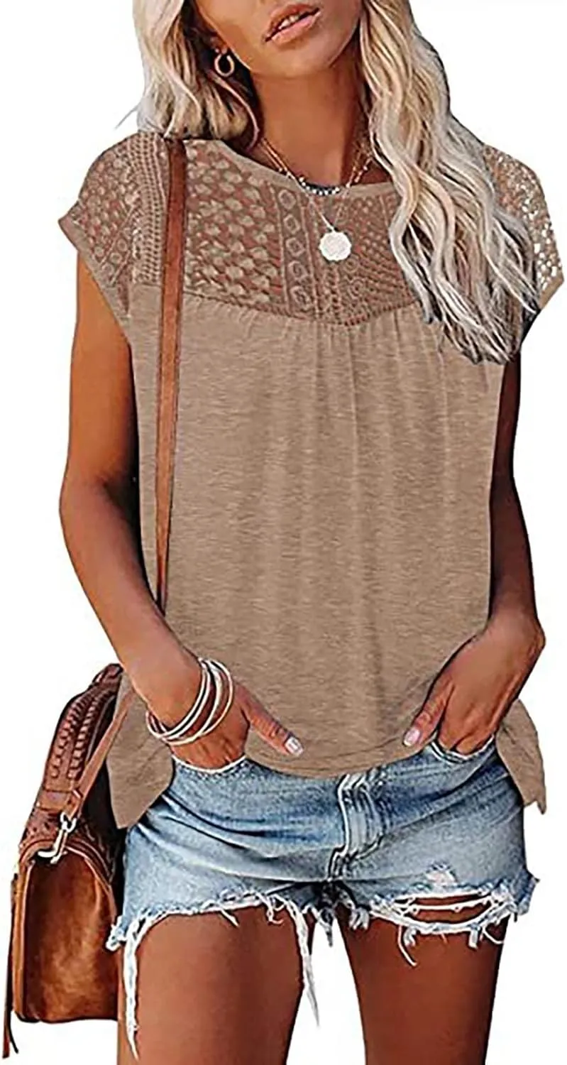 Womens Tops Womens Cap Sleeve Summer Tops Trendy Tank Tops Lace V Neck Loose Fit Shirts