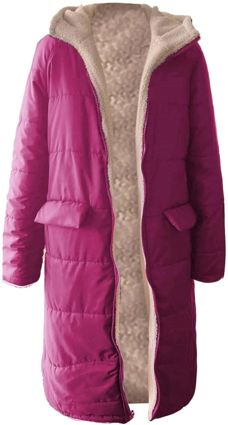 Womens Warm Winter Puffer Hooded Puffer Jacket Lightweight Winter Coat Womens sherpa Fleece Lined Long Jackets