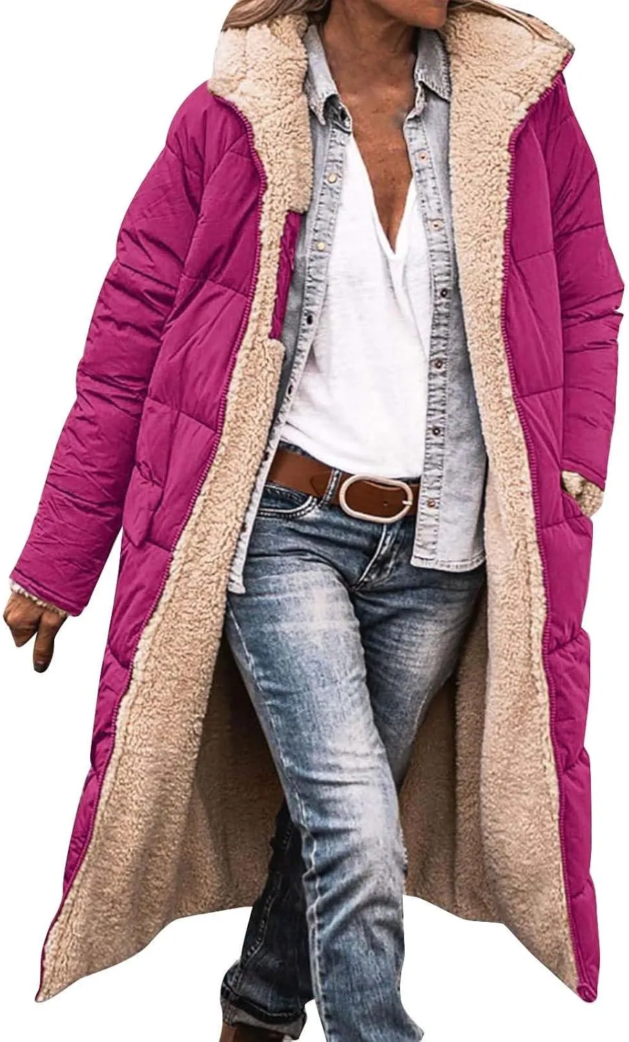 Womens Warm Winter Puffer Hooded Puffer Jacket Lightweight Winter Coat Womens sherpa Fleece Lined Long Jackets