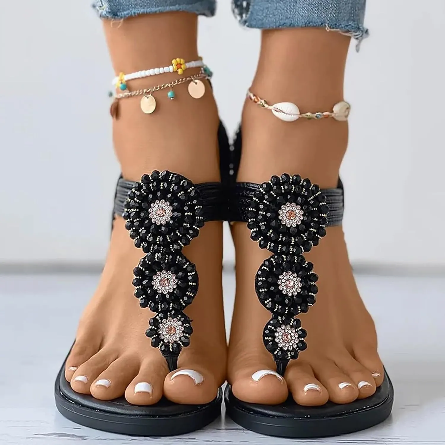 Womens Wedges Sandals Elastic Ankle Strap Casual Beach Shoes Slingback Toe Bohemian Beaded Womens Bow Sandals Size 11