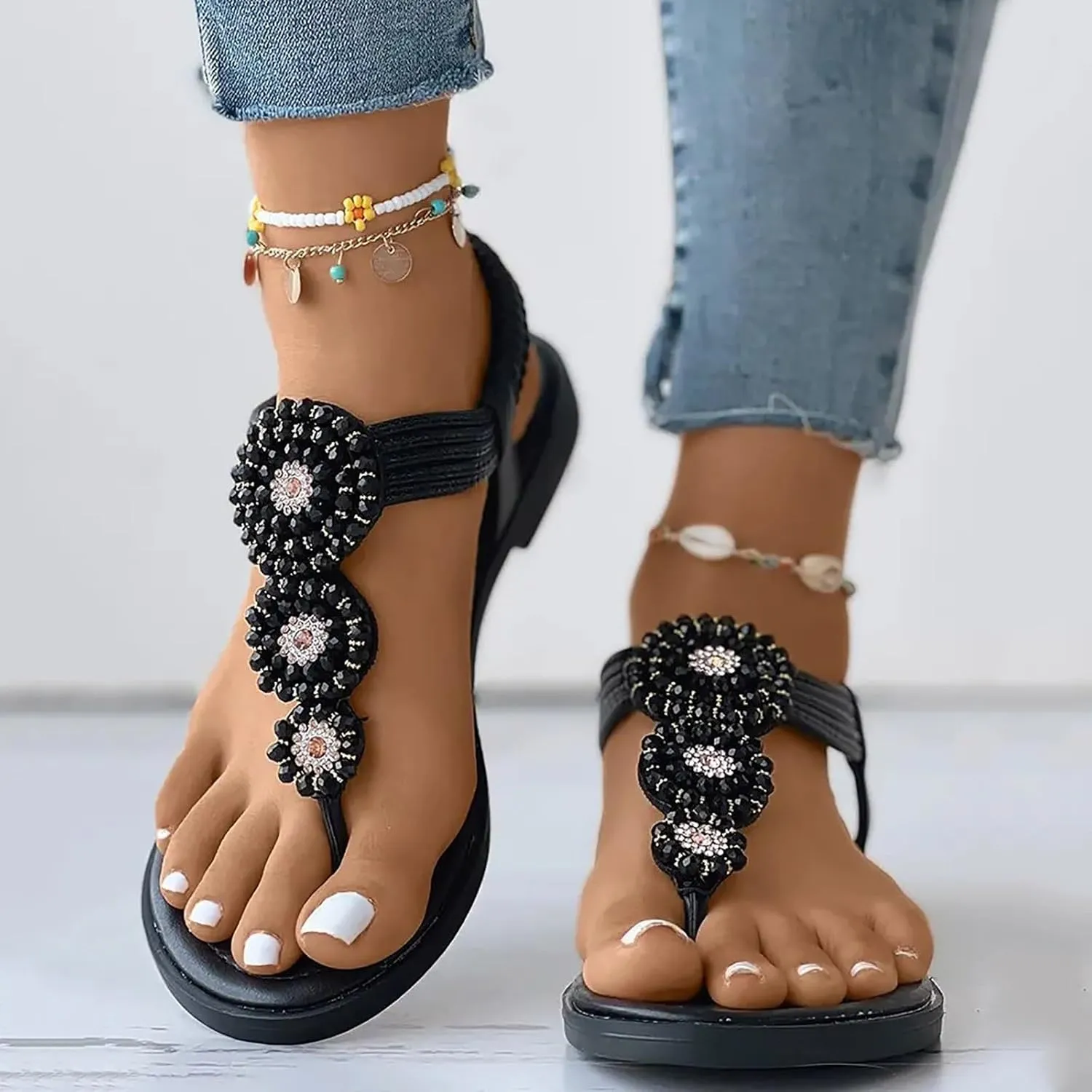 Womens Wedges Sandals Elastic Ankle Strap Casual Beach Shoes Slingback Toe Bohemian Beaded Womens Bow Sandals Size 11