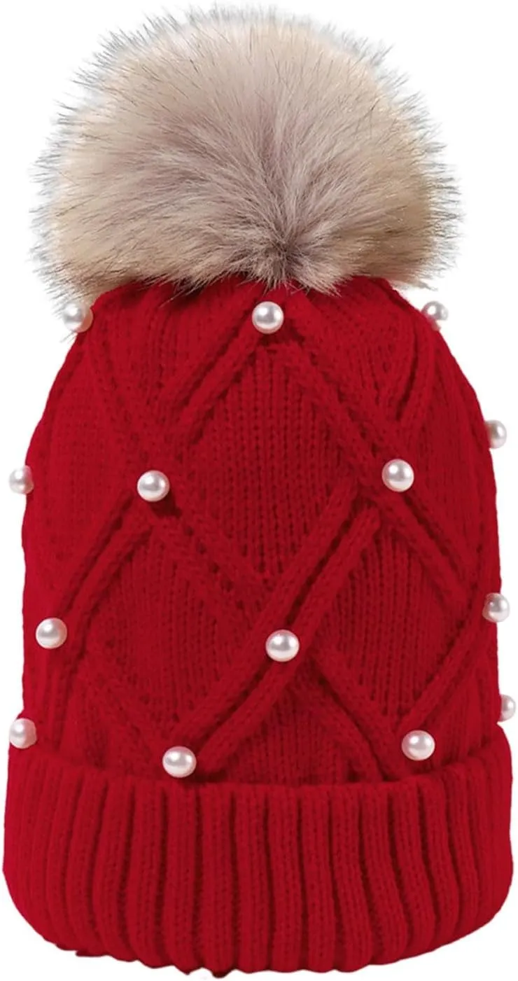 Womens Winter Pompom Beanie Hat Warm Pearl Beanie Hats, Thick Slouchy Cable Knit Crossed Ski Snow Cap for Ladies