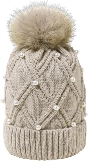 Womens Winter Pompom Beanie Hat Warm Pearl Beanie Hats, Thick Slouchy Cable Knit Crossed Ski Snow Cap for Ladies