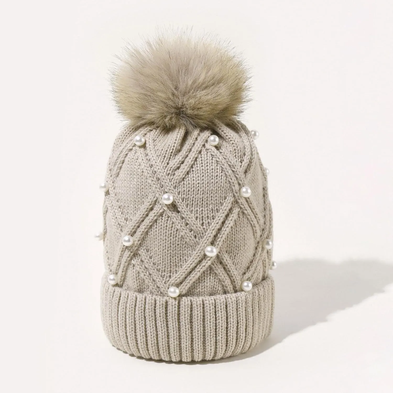 Womens Winter Pompom Beanie Hat Warm Pearl Beanie Hats, Thick Slouchy Cable Knit Crossed Ski Snow Cap for Ladies