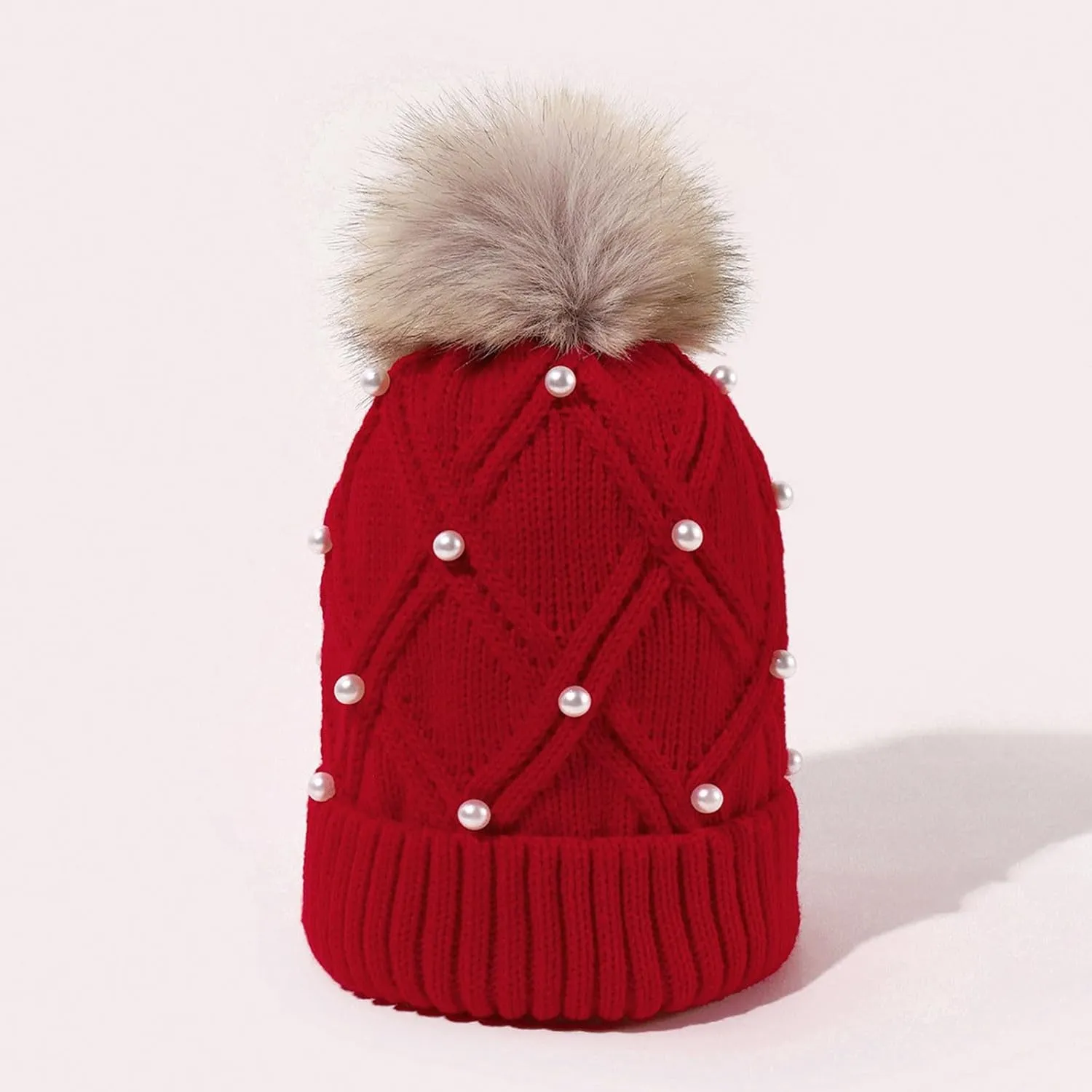 Womens Winter Pompom Beanie Hat Warm Pearl Beanie Hats, Thick Slouchy Cable Knit Crossed Ski Snow Cap for Ladies