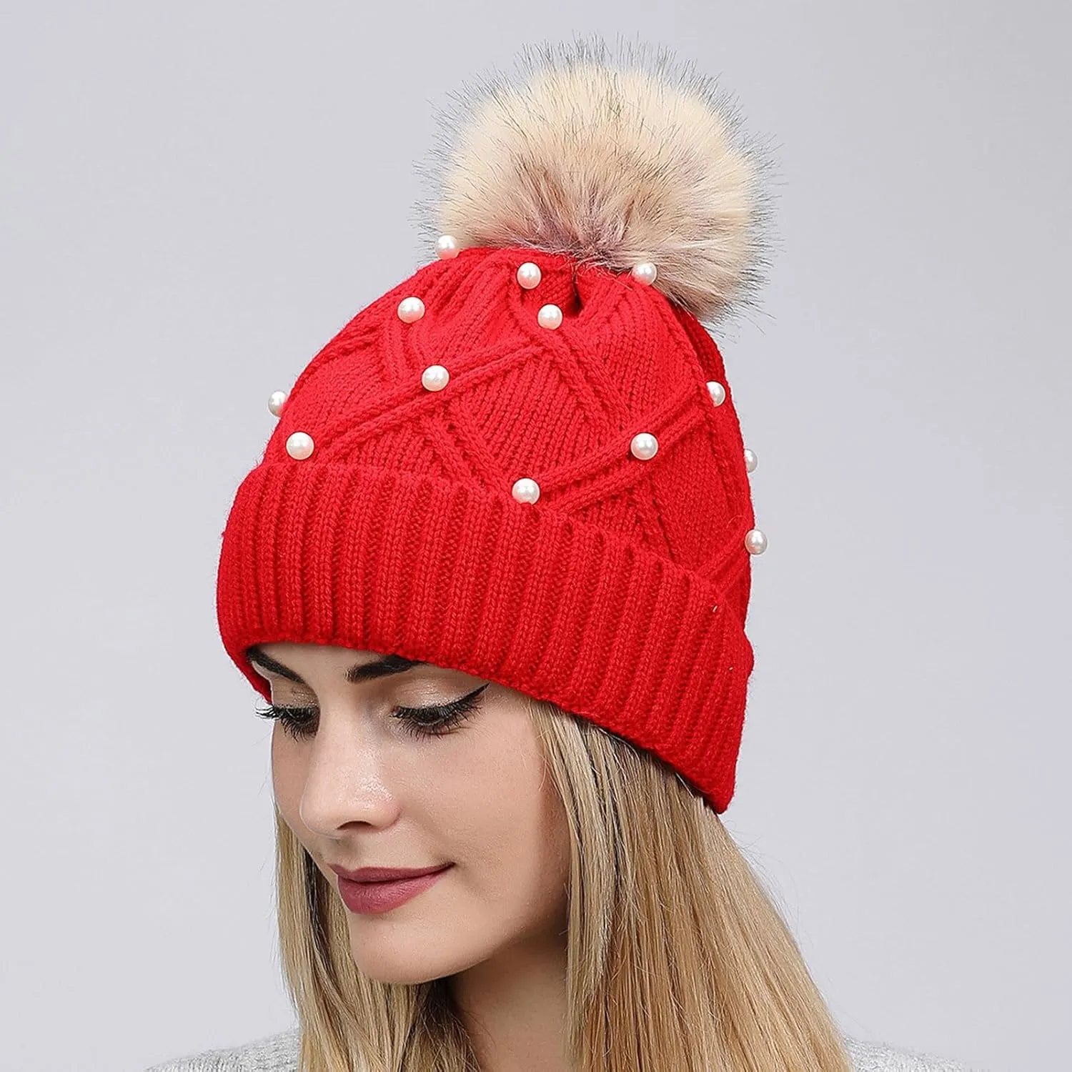 Womens Winter Pompom Beanie Hat Warm Pearl Beanie Hats, Thick Slouchy Cable Knit Crossed Ski Snow Cap for Ladies