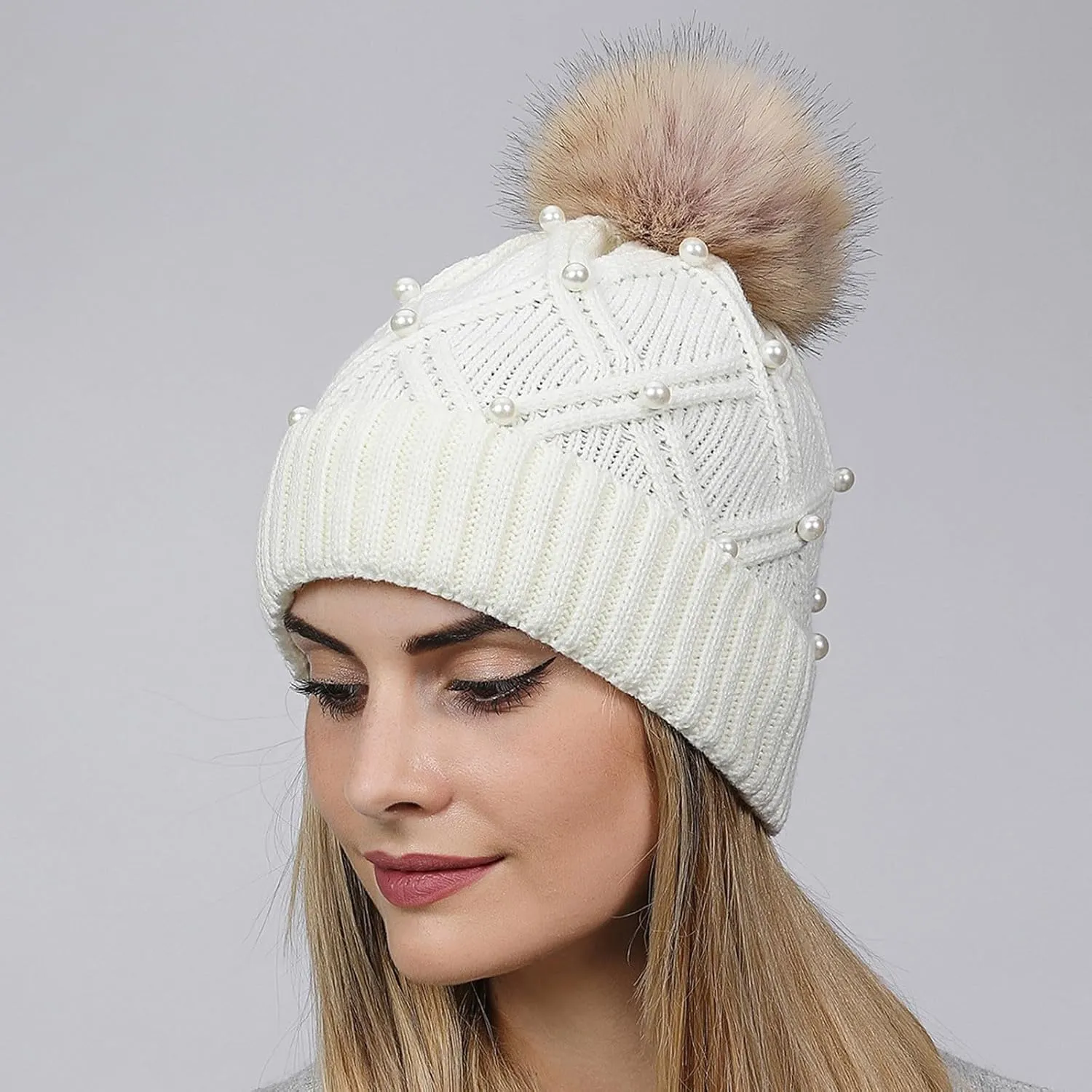 Womens Winter Pompom Beanie Hat Warm Pearl Beanie Hats, Thick Slouchy Cable Knit Crossed Ski Snow Cap for Ladies