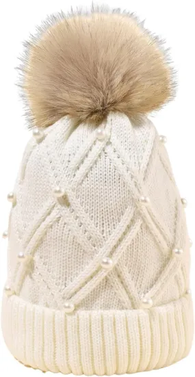 Womens Winter Pompom Beanie Hat Warm Pearl Beanie Hats, Thick Slouchy Cable Knit Crossed Ski Snow Cap for Ladies