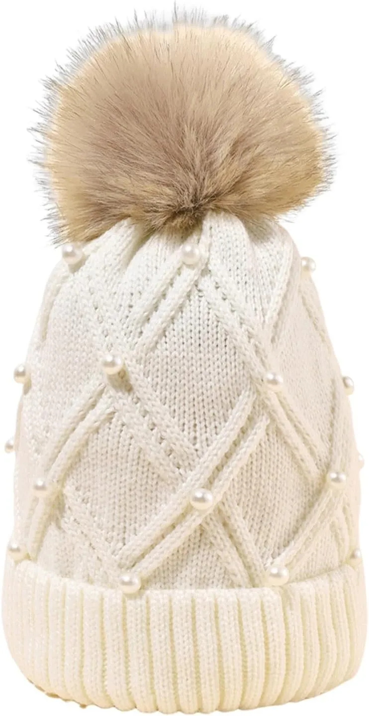 Womens Winter Pompom Beanie Hat Warm Pearl Beanie Hats, Thick Slouchy Cable Knit Crossed Ski Snow Cap for Ladies