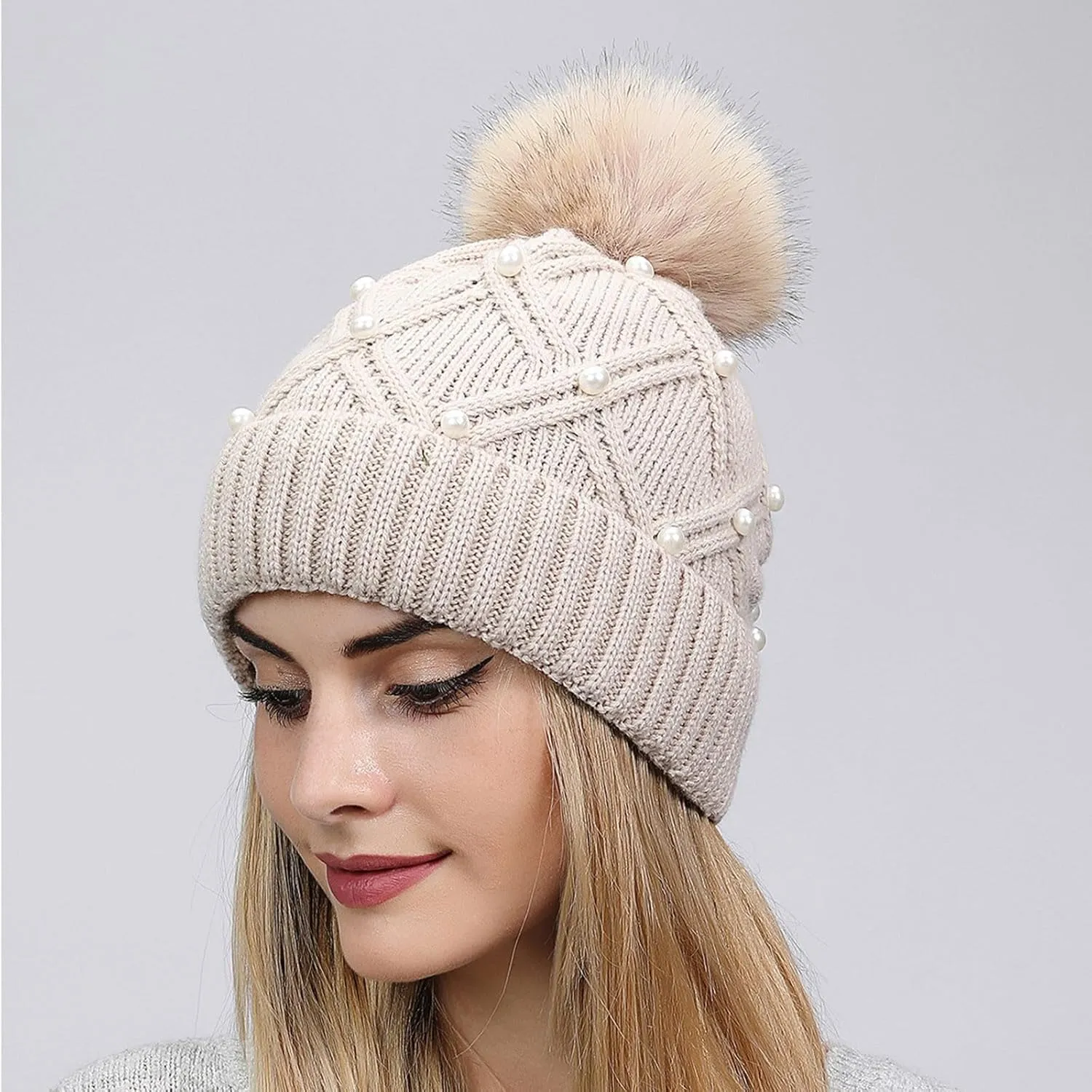 Womens Winter Pompom Beanie Hat Warm Pearl Beanie Hats, Thick Slouchy Cable Knit Crossed Ski Snow Cap for Ladies