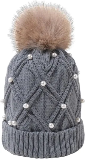 Womens Winter Pompom Beanie Hat Warm Pearl Beanie Hats, Thick Slouchy Cable Knit Crossed Ski Snow Cap for Ladies