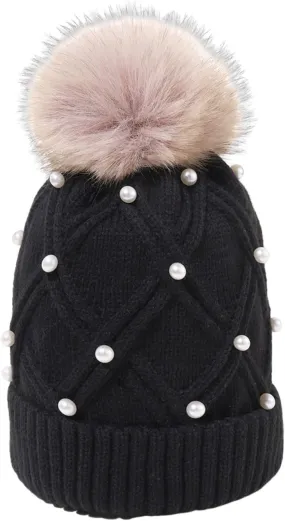 Womens Winter Pompom Beanie Hat Warm Pearl Beanie Hats, Thick Slouchy Cable Knit Crossed Ski Snow Cap for Ladies