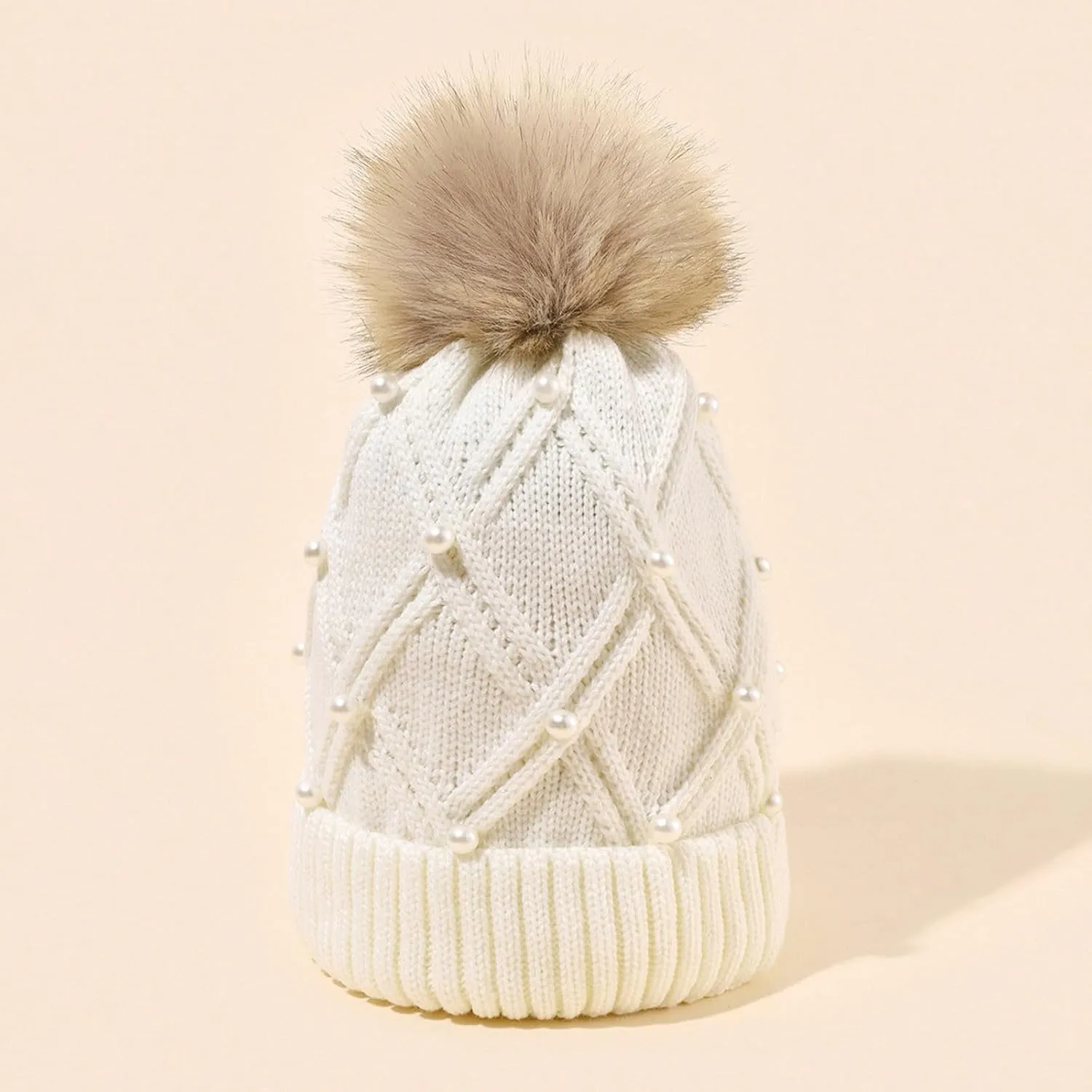 Womens Winter Pompom Beanie Hat Warm Pearl Beanie Hats, Thick Slouchy Cable Knit Crossed Ski Snow Cap for Ladies