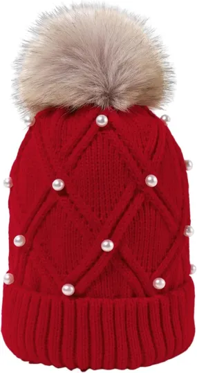 Womens Winter Pompom Beanie Hat Warm Pearl Beanie Hats, Thick Slouchy Cable Knit Crossed Ski Snow Cap for Ladies