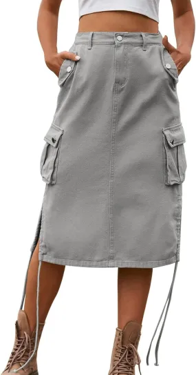 Womens Y2K Long Skirt Womens Cargo Mini Skirts, High Waist High Split Denim Skirt Spring Summer Skirts for Women