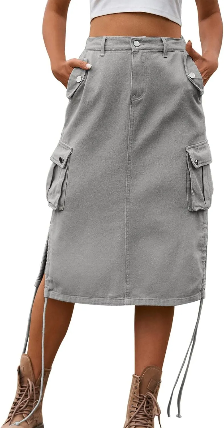 Womens Y2K Long Skirt Womens Cargo Mini Skirts, High Waist High Split Denim Skirt Spring Summer Skirts for Women