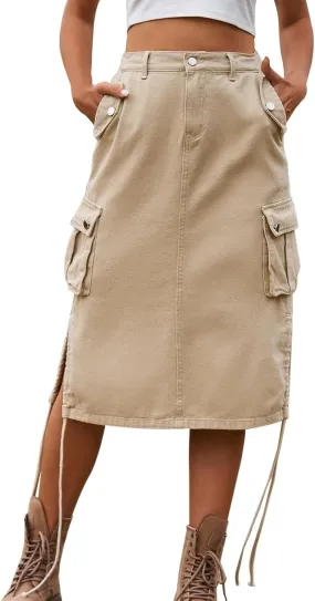 Womens Y2K Long Skirt Womens Cargo Mini Skirts, High Waist High Split Denim Skirt Spring Summer Skirts for Women
