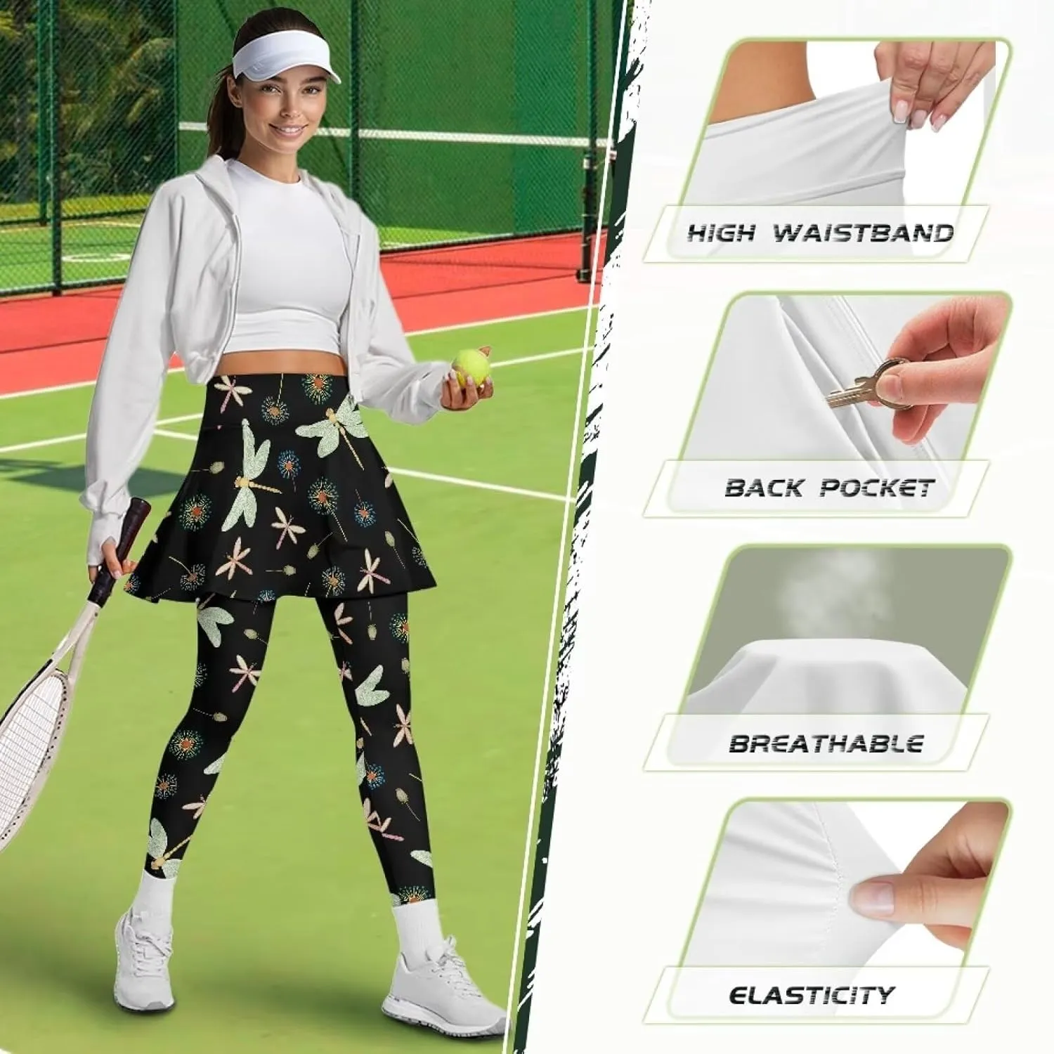 Womens Yoga Leggings with Skirts Tennis Skirt with Capri Leggings High Waisted Skort Leggings Pickleball Pants