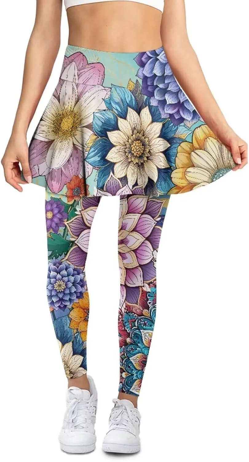 Womens Yoga Leggings with Skirts Tennis Skirt with Capri Leggings High Waisted Skort Leggings Pickleball Pants