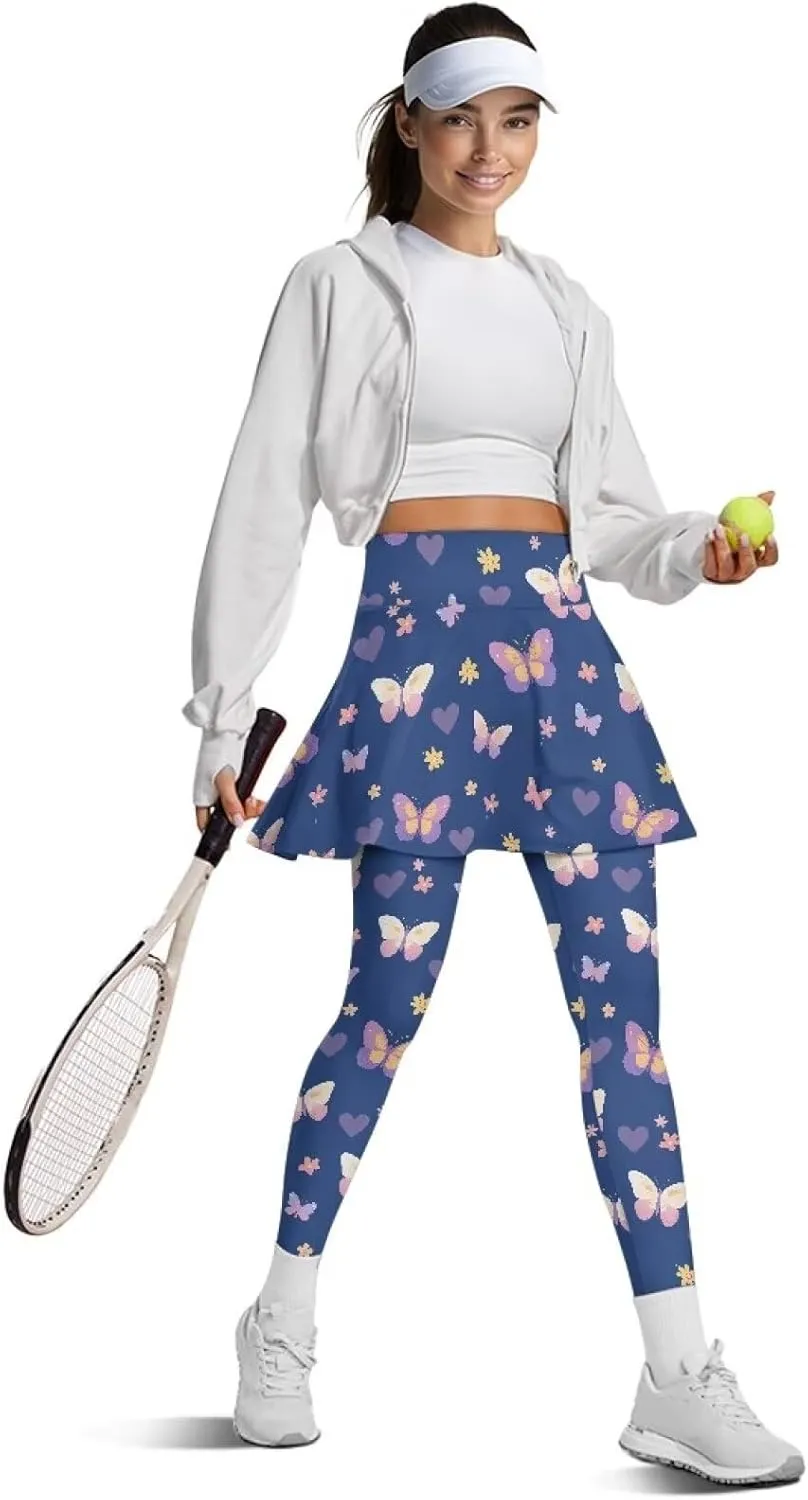 Womens Yoga Leggings with Skirts Tennis Skirt with Capri Leggings High Waisted Skort Leggings Pickleball Pants