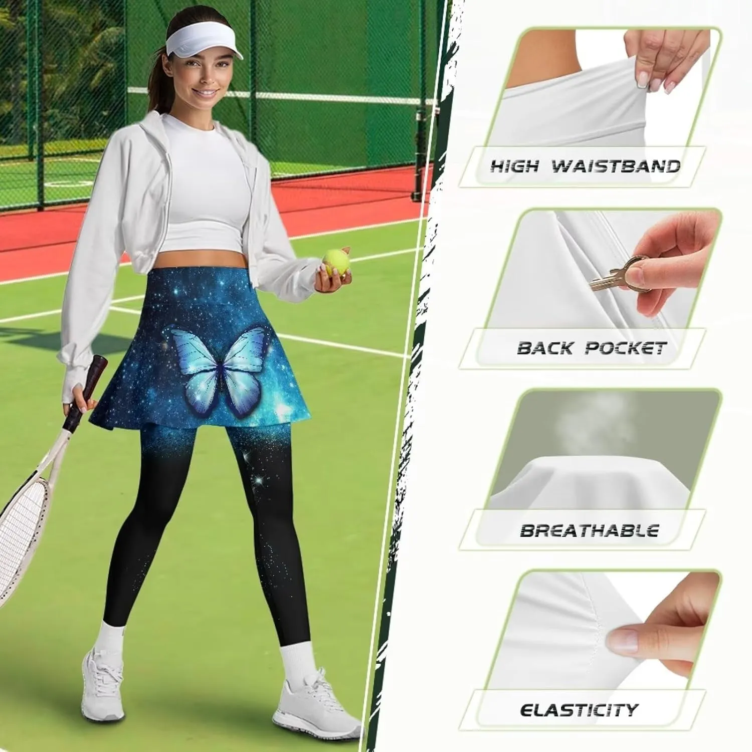 Womens Yoga Leggings with Skirts Tennis Skirt with Capri Leggings High Waisted Skort Leggings Pickleball Pants