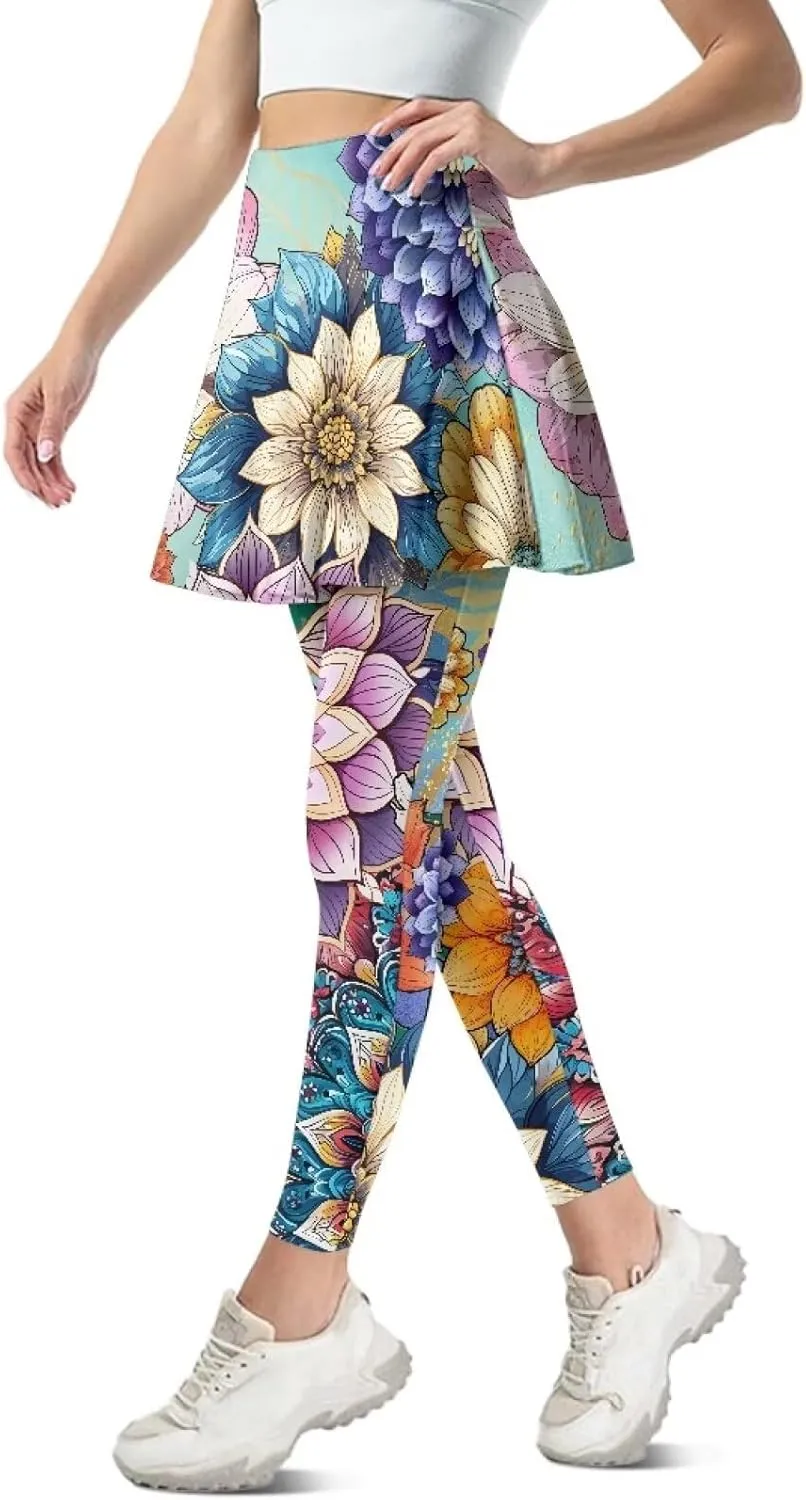 Womens Yoga Leggings with Skirts Tennis Skirt with Capri Leggings High Waisted Skort Leggings Pickleball Pants