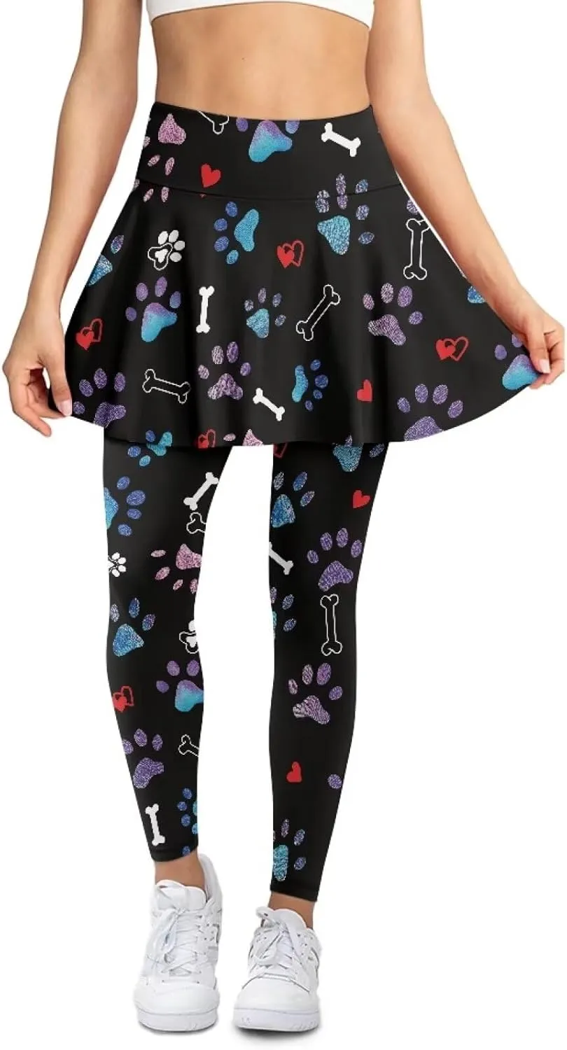 Womens Yoga Leggings with Skirts Tennis Skirt with Capri Leggings High Waisted Skort Leggings Pickleball Pants