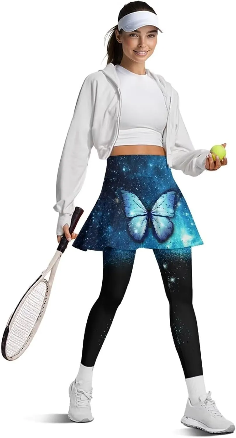 Womens Yoga Leggings with Skirts Tennis Skirt with Capri Leggings High Waisted Skort Leggings Pickleball Pants