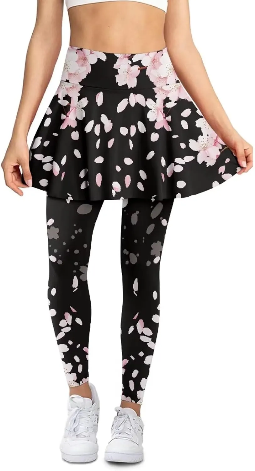 Womens Yoga Leggings with Skirts Tennis Skirt with Capri Leggings High Waisted Skort Leggings Pickleball Pants