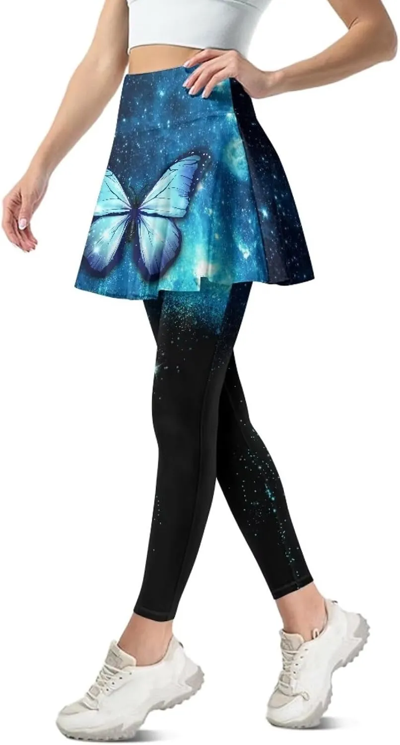 Womens Yoga Leggings with Skirts Tennis Skirt with Capri Leggings High Waisted Skort Leggings Pickleball Pants