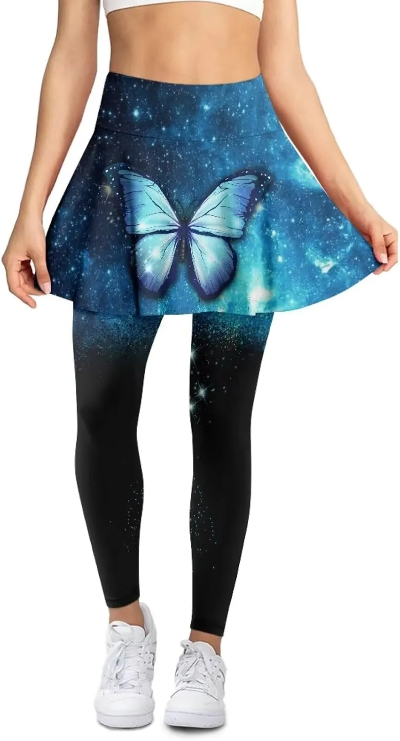 Womens Yoga Leggings with Skirts Tennis Skirt with Capri Leggings High Waisted Skort Leggings Pickleball Pants