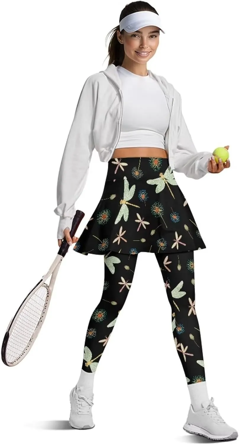 Womens Yoga Leggings with Skirts Tennis Skirt with Capri Leggings High Waisted Skort Leggings Pickleball Pants
