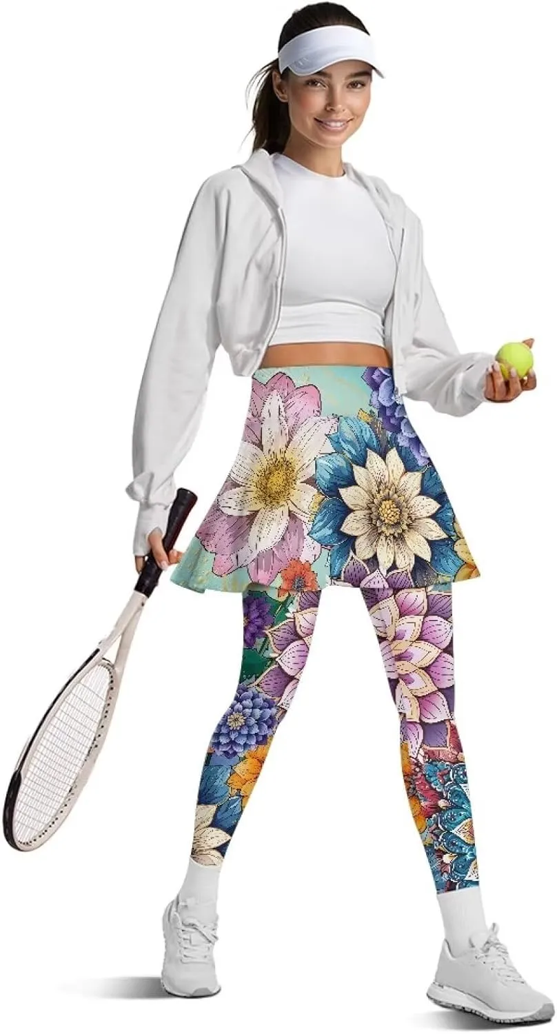 Womens Yoga Leggings with Skirts Tennis Skirt with Capri Leggings High Waisted Skort Leggings Pickleball Pants
