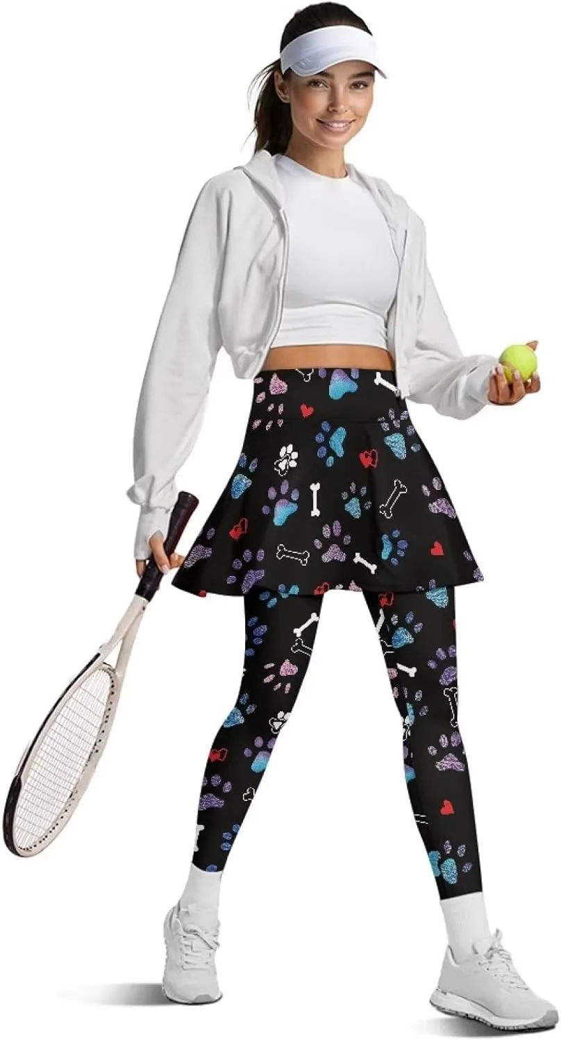 Womens Yoga Leggings with Skirts Tennis Skirt with Capri Leggings High Waisted Skort Leggings Pickleball Pants