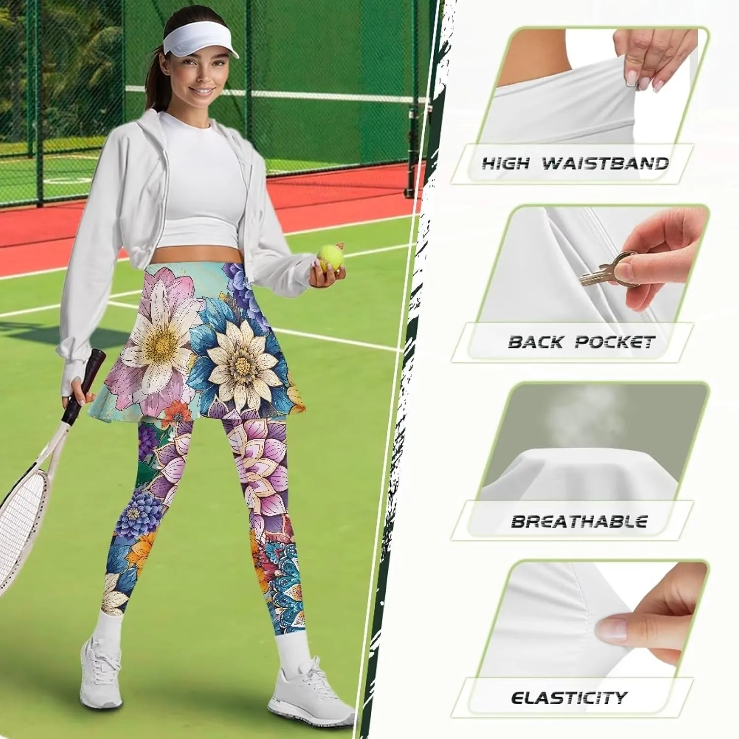 Womens Yoga Leggings with Skirts Tennis Skirt with Capri Leggings High Waisted Skort Leggings Pickleball Pants