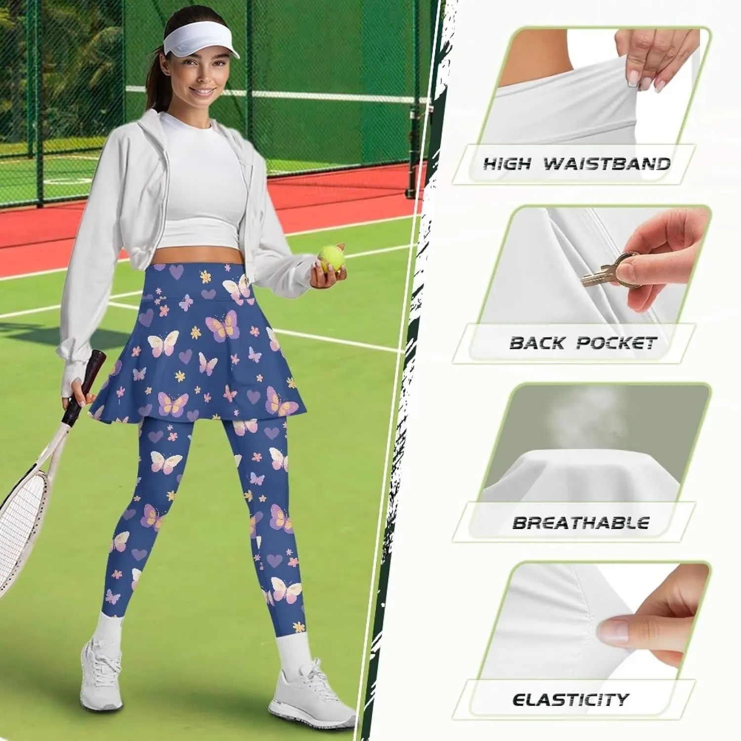Womens Yoga Leggings with Skirts Tennis Skirt with Capri Leggings High Waisted Skort Leggings Pickleball Pants