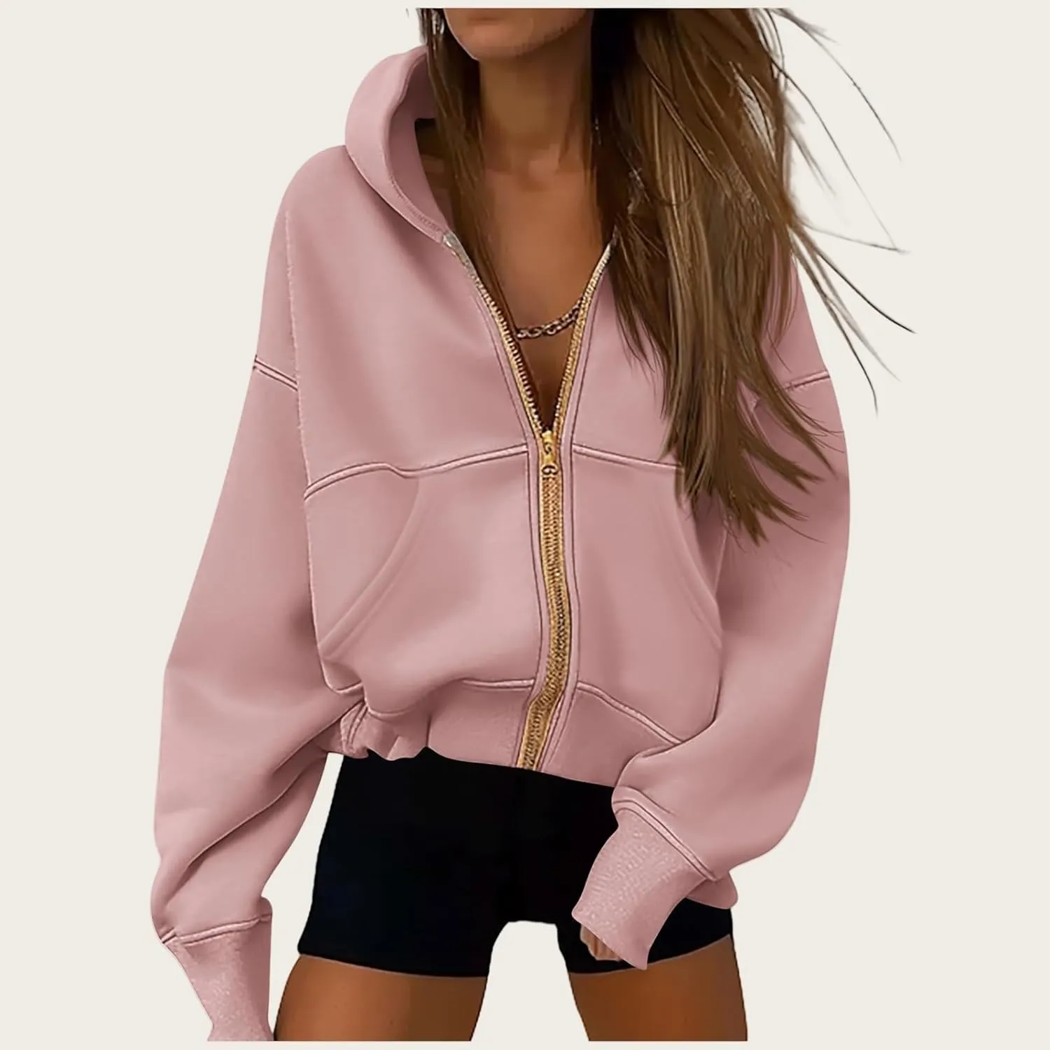 Womens Zip Up Hoodies Jacket Cropped Long Sleeve Hooded Sweatshirt Casual Comfy Coat Winter Clothes 2024