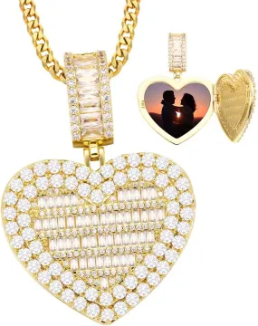 YIMERAIRE Iced Out Heart Shaped Locket Necklace That Holds Picture Custom Photo Pendant with Tennis Chain or Rope Chain Personalized Locket Necklace for Women Men Fashionable Jewelry Memory Gift