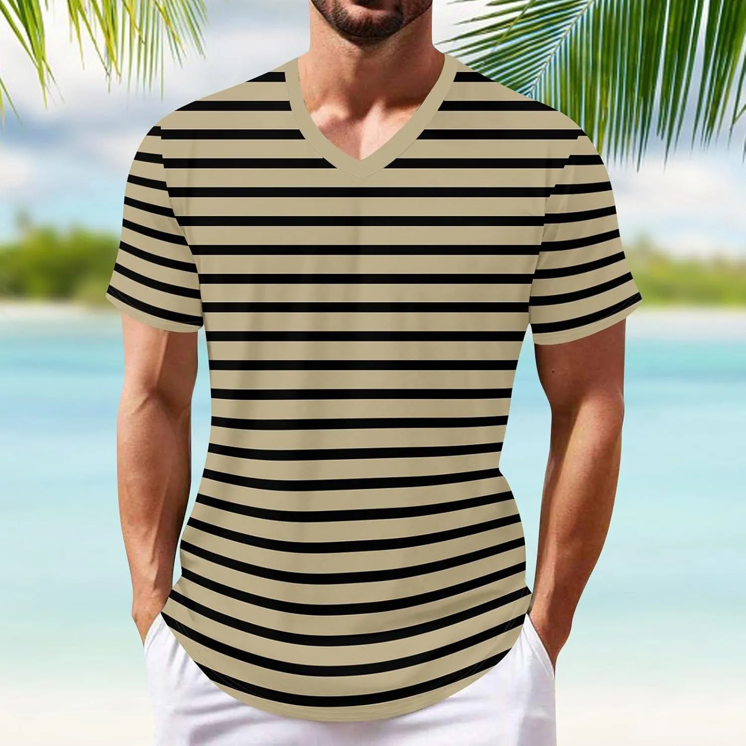 Ymosrh Men's Striped Shirt Short Sleeve V Neck Print T-Shirts Casual Summer Beach Tee Tops Shirts, S-3XL