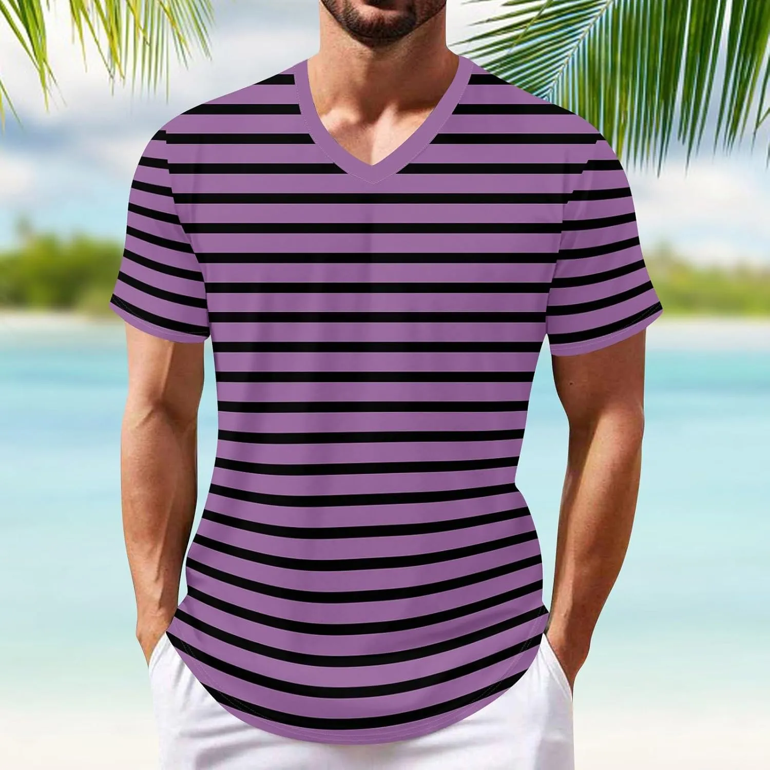 Ymosrh Men's Striped Shirt Short Sleeve V Neck Print T-Shirts Casual Summer Beach Tee Tops Shirts, S-3XL
