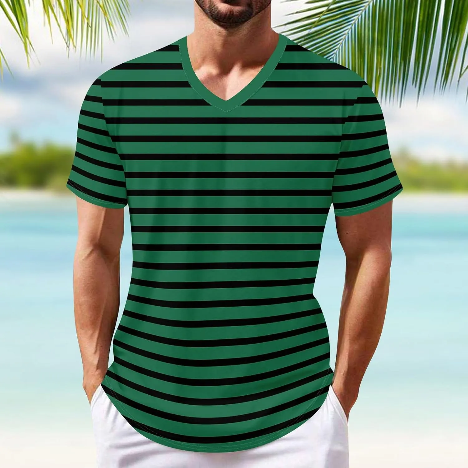 Ymosrh Men's Striped Shirt Short Sleeve V Neck Print T-Shirts Casual Summer Beach Tee Tops Shirts, S-3XL