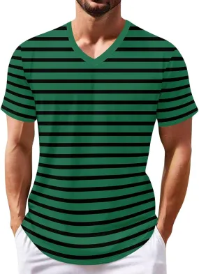 Ymosrh Men's Striped Shirt Short Sleeve V Neck Print T-Shirts Casual Summer Beach Tee Tops Shirts, S-3XL